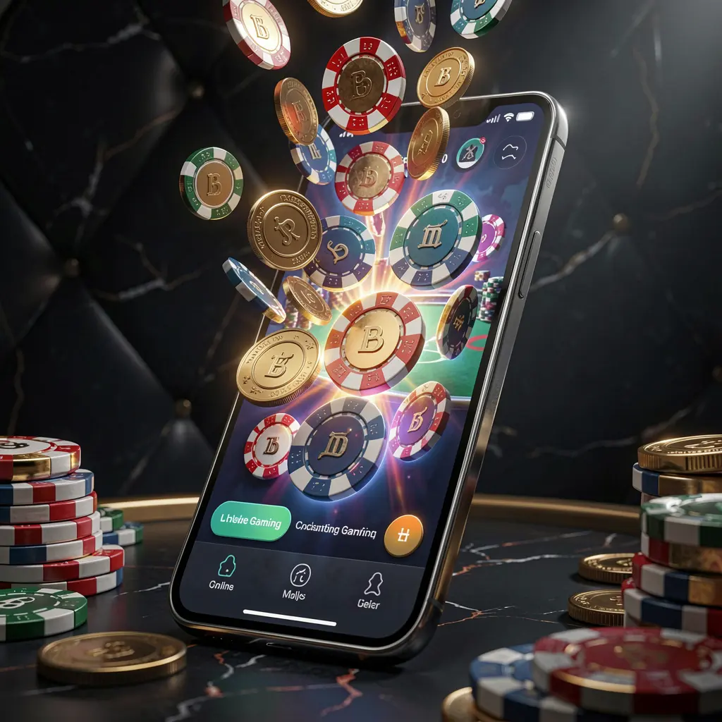 JLCRK online gaming app displayed on a smartphone screen with glowing casino chips and coins emerging against a luxury dark background with cinematic lighting in a high detail 3D render