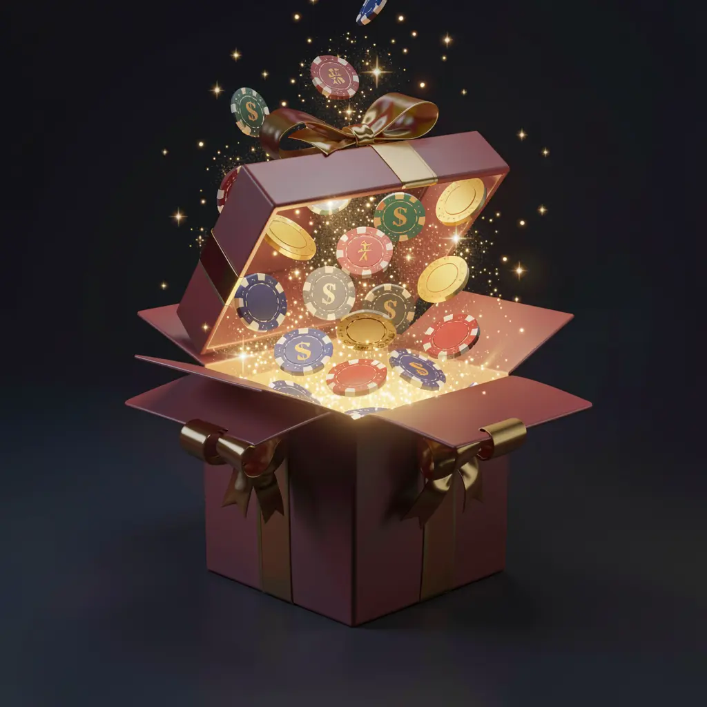 JLCRK no deposit bonus visual featuring free casino chips emerging from a glowing gift box with magical sparkles on a dark premium background in a realistic 3D render
