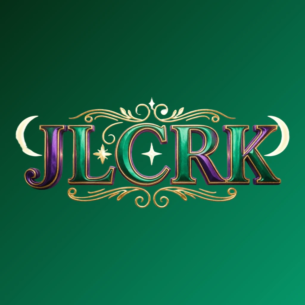 Luxury colorful JLCRK logo with bold serif typography in rich emerald, violet, and gold palette featuring elegant glowing ornaments on a transparent background, designed as a horizontal rectangular wordmark for a premium brand identity
