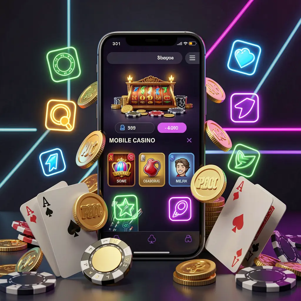 JLCRK mobile casino homepage concept showing a smartphone surrounded by golden coins, chips, cards, and glowing icons on a modern dark background with neon accents